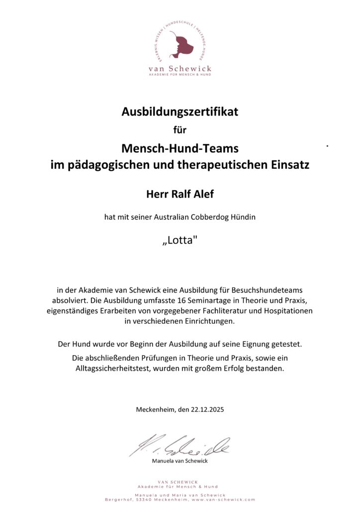 Ausbildungszertifikat der Akademie van Schewick fuer Ralf Alef und Lotta